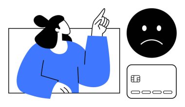 Yukarıya bakan kadın, üzgün yüz ifadesi ve kredi kartı. Mali zorluklar, bütçe yönetimi, borç yönetimi, müşteri hizmetleri, mali planlama, çevrimiçi ödemeler tüketici eğitimi için ideal