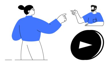 İki insan birbirine işaret ederek etkileşir, büyük bir çalma tuşu ile çevrelenmiş olarak. İş iletişimi, takım çalışması, çevrimiçi toplantılar, dijital etkileşim, video konferansı, uzaktan çalışma için ideal