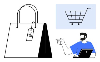 İndirim etiketli büyük bir alışveriş çantası, bir alışveriş arabası ikonu ve işaret ederken dizüstü bilgisayar kullanan bir adam. E-ticaret, satış, indirim, çevrimiçi alışveriş, pazarlama, dijital etkileşimli müşteri için ideal
