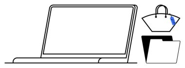 Dizüstü bilgisayar, mavi etiketli el çantası ve minimalist bir düzende dizilmiş klasör simgesi. Teknoloji için ideal, çevrimiçi alışveriş, organizasyon, mobil çalışma, dijital yaşam tarzı, basitlik modern zarafet