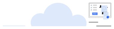 Arkaplanda bilgisayar ekranı, dijital faturayı, işlem detaylarını ve Ödeme düğmesini gösteren bir bulut. Finans, dijital ödemeler, bulut hesaplama, iş, güvenlik, teknoloji uzaktan kumandası için ideal