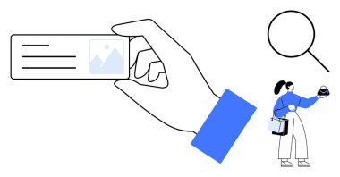 Bir ürün kartı, görüntü ve metin ayrıntıları büyüteçle büyütülmüş, kadın ürünü inceliyor. E-ticaret, ürün değerlendirmesi, çevrimiçi alışveriş, tüketici davranışı, araştırma için ideal