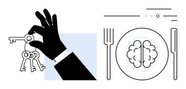 Elinde beyin ve çatal bıçak takımı olan bir tabağın yanında duran anahtarlar. Bilgi, başarı, ilham, entellektüel büyüme, eğitim, anahtar kavramlar, problem çözme konuları için idealdir. Satır metaforu