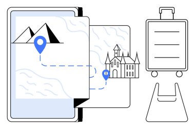 Akıllı telefondan dağlardan kaleye giden yolu gösteren bir harita, mavi yer işaretleri, bavul ve çanta. Seyahat planlama, seyrüsefer, keşif, seyahat, macera turizmi için ideal