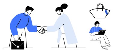 İş adamları el sıkışıyor, dizüstü bilgisayarda çalışan bir kişi daha ve bir çanta. İş anlaşmaları, ortaklık, uzak çalışma, ağ oluşturma, çoklu görev, profesyonel kıyafet için ideal