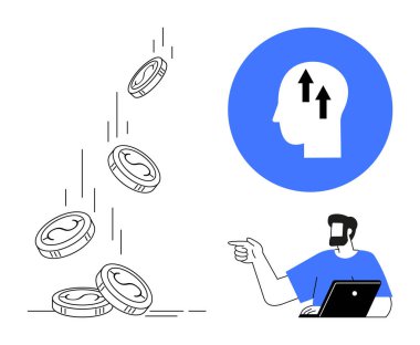 Düşen bozuk paralar ve yukarı doğru oklu siluet yanında dizüstü bilgisayar tutan bir adam. Yatırım, büyüme, iş stratejisi, mali planlama ve ekonomik başarı için ideal