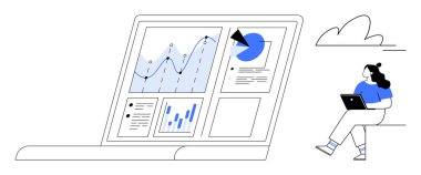 Dizüstü bilgisayarda, elinde tablet bulunan çizelge, pasta grafiği ve bar çizelgesi gibi çeşitli veri görselleri görülüyor. İş analizleri, piyasa araştırmaları, finansal analizler için ideal
