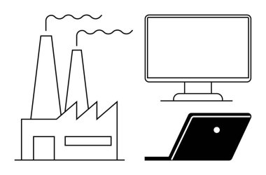 Duman bacalarının dalga yaydığı bir fabrika, bilgisayar monitörü ve dizüstü bilgisayar. Temalar için ideal, sanayileşmeyi, dijitalleşmeyi, teknolojiyi, imalatı, uzaktan çalışma otomasyonunu destekliyor. Siyah