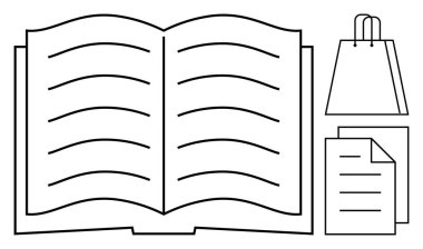 Astarlı sayfalar, yığınla kağıt ve alışveriş çantası. Eğitim, yazarlık, eğitim, organizasyon, perakende ticaret belgeleri için idealdir. Satır metaforu