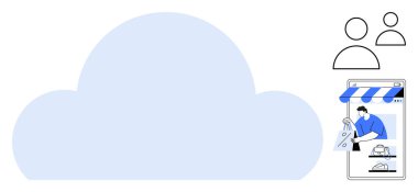 Büyük bulut, iki kullanıcı simgesi, alışveriş içerikli akıllı telefon mağazası. Bulut hesaplama, e-ticaret, çevrimiçi alışveriş, dijital iş, çevrimiçi işlemler, uzak depolama için ideal