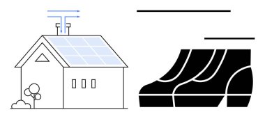 House with solar panels next to schematic of electric boots, showcasing sustainable technology and renewable energy innovations. Ideal for modern living, eco-friendly solutions, energy efficiency clipart