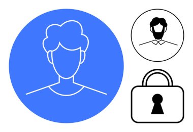 Mavi dairesel kullanıcı profili simgesi, siyah-beyaz kullanıcı profili simgesi, asma kilit sembolü. Veri koruması, gizlilik, kullanıcı kimlik denetimi, güvenlik, çevrimiçi kimlik, hesap erişim web arayüzleri için ideal