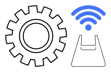 Siyah dişli taslak ve mavi kablosuz sinyal bir trapezoid yapının üzerinde. Bağlantı için ideal, teknoloji evrimi, otomasyon, endüstriyel loto, ağ oluşturma, yenilik, uzak operasyonlar. Soyut