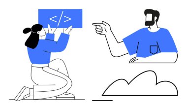 Kod paneli tutan kadın, işaret eden adam, bulut simgesi. Takım çalışması, programlama, iletişim, rehberlik, teknoloji işbirliği dijital etkileşim için idealdir. Düz çizgi tasarımı mavi aksanlar soyut