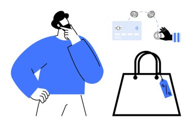 Düşünen, çenesine dokunan, döviz oklu ödeme kartı, etiketli alışveriş çantası. E-ticaret, dijital ödemeler, tüketici davranışı, çevrimiçi perakende, karar verme süreci için ideal