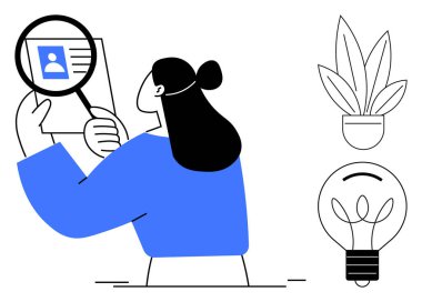 Bir kadın büyüteçle profili inceliyor, incelemeyi ve analizi temsil ediyor. Bir ampul ve saksı bitkisi de dahil. Araştırma, yenilik, büyüme, yaratıcılık ve araştırma için ideal