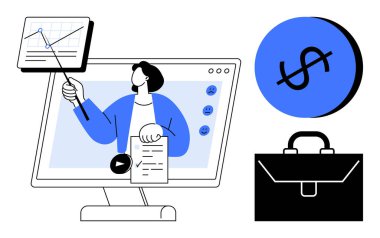 Grafiği gösteren bir bilgisayar ekranında sunum yapan kişi. Monitörün yanında mavi dolar işareti ve siyah evrak çantası. İş eğitimi, çevrimiçi eğitim, finans, webinarlar için ideal