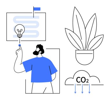 Enerji yeniliğini sembolize etmek için bir ampule dokunan kişi, saksı bitkisinin yanında ve sürdürülebilirliği temsil etmek için CO2. Yeşil teknoloji için ideal, yenilenebilir enerji, çevre dostu uygulamalar, karbon