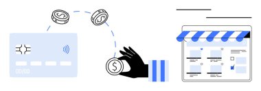Kredi kartı, el ele tutuşan bozuk para, dijital mağaza sayfası. E-ticaret, çevrimiçi işlemler, dijital ödemeler, çevrimiçi bankacılık, finans teknolojisi, ticari fintech çözümleri için ideal