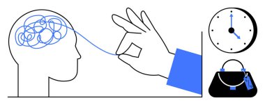 Karışık beyinden el çekme ipliği, problem çözmeyi temsil ediyor. Saat zaman yönetimini gösteriyor. Poşet günlük hayatın karmaşıklığını arttırıyor. Psikoloji, akıl sağlığı, zaman yönetimi ve stres için ideal