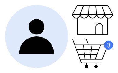 Kullanıcı profili, tebligatlı alışveriş arabası ve vitrin simgesi. E-ticaret, çevrimiçi alışveriş, perakende, müşteri yönetimi, dijital pazarlama satışları ve iş stratejisi için ideal. Satır metaforu