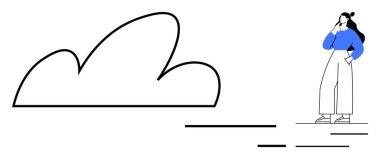 Mavi elbiseli adam dev bir bulut düşünüyor. Yaratıcılık, yenilik ve hayal gücünü çağrıştırıyor. Beyin fırtınası için ideal, rüyalar, gelecek düşünceler, bulut hesaplama, ilham