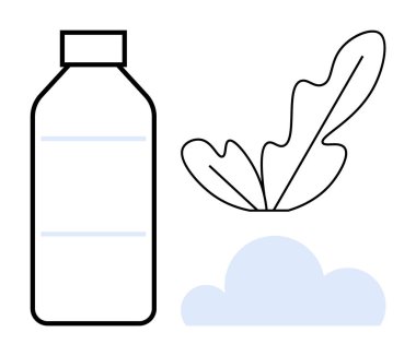 Soyut bir yaprak ve bulutun yanında yeniden kullanılabilir bir şişe. Sürdürülebilirlik, çevre dostu ürünler, iklim değişikliği, çevre bilinci, sağlık, su ve yeşil yaşam tarzı için ideal. Minimalist