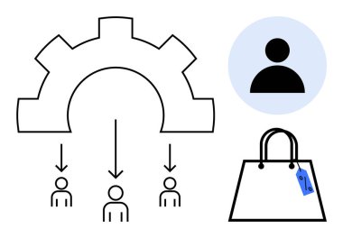 Üç ayrı simgeye ayrılmış vites sembolü, mavi dairenin içinde kullanıcı simgesi, fiyat etiketli alışveriş çantası. İş akışı, verimlilik, tüketici etkileşimi, alışveriş, ekommerce için ideal