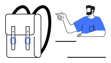 Mavi gömlekli sakallı bir adam kayışlı ve tokalı bir sırt çantasını işaret ediyor. Seyahat, eğitim, rehberlik, seçim, karar verme, kişisel eşyalar ve basitlik için idealdir. Soyut çizgi