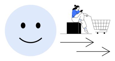 Mutlu yüz müşteri memnuniyetini temsil eder. Arabalı bir kadın, online alışveriş anlamına gelir. Oklar ilerlemeyi ya da hareketi simgeler. E-ticaret, perakende, müşteri memnuniyeti için ideal