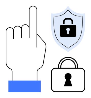 Eller yukarı, kalkanlar kilitlensin ve asma kilit takılsın. Siber güvenlik, veri koruması, internet güvenliği, mahremiyet, erişim denetimi güvenli giriş ve teknoloji güvenliği için idealdir. Satır metaforu