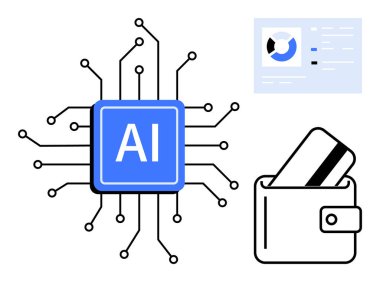 Devrelere bağlı yapay zeka mikroçipi, kredi kartlı cüzdan ve finansal gösterge paneli. Fintech çözümler, yapay zeka entegrasyonu, dijital ödemeler, siber güvenlik, finansal hizmetler, çevrimiçi bankacılık için ideal