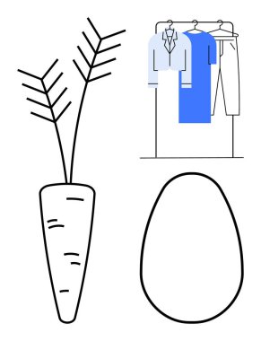 Uzun yapraklı havuç, yumurta şeklinde yumurta ve ceket, elbise ve pantolon askısı. Sürdürülebilirlik, gıda, moda tarımı, sadelik minimalizmi ve illüstrasyon temaları için idealdir. Çizgi