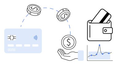 Kredi kartı, hareket eden paralar, kredi kartlı el, cüzdan, işlem istatistiklerini gösteren çizgi grafiği. Finans, bankacılık, çevrimiçi işlemler, fintech ödeme yöntemlerinin hesaplanması için ideal