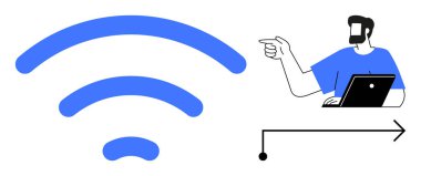 Laptop kullanan birinin yanındaki büyük mavi kablosuz sinyal sağ tarafı işaret eden bir oku işaret ediyor. Bağlantı, teknoloji, iletişim, uzaktan çalışma, çevrimiçi eğitim ve internet için ideal