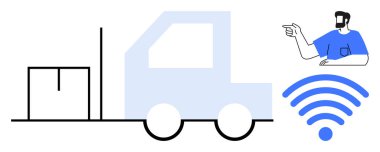 Forklift, insan tarafından denetlenen kablosuz sinyalle güçlendirilmiş bir kutu taşıyor. Otomasyon, lojistik, akıllı depolama, teknoloji, uzaktan kumandalı modern endüstri için ideal. Temsilciler