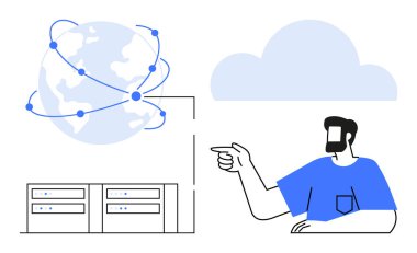 Bağlantı hatları, bulut, veri sunucuları ve işaret eden insanlarla dolu bir dünya. Küresel bağlantı, bulut hesaplama, veri yönetimi, ağ altyapısı, teknoloji entegrasyonu dijital için ideal