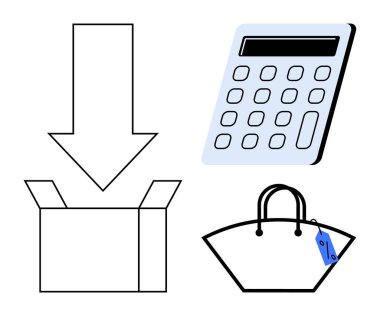 Ok açık bir kutuyu, hesap makinesini ve fiyat etiketli el çantasını gösteriyor. Alışveriş, bütçe, e-ticaret, perakende, finans yönetimi tüketim ve maliyet analizi konuları için idealdir. Soyut