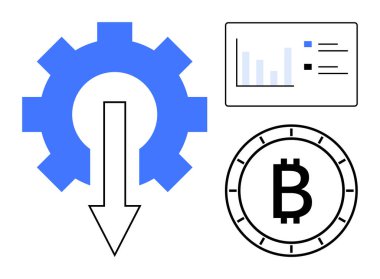 Aşağı doğru ok ile donanım işlem optimizasyonunu vurgular, bar tablosu veri analizini temsil eder ve Bitcoin sembolü de kripto para birimini simgeler. Teknoloji, finans ve iş stratejileri için ideal