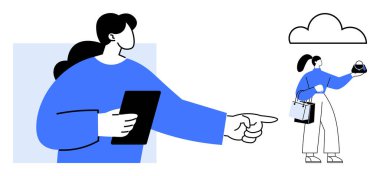 İki kişi, birinin elinde tablet, diğerinin elinde alışveriş torbaları ve üstünde bulut olan bir çanta var. E-ticaret, teknoloji, iletişim, rehberlik, takım çalışması dijital için ideal