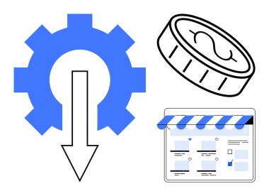 Aşağı doğru ok ile vites, maliyet azaltma madeni parasını simgeler ve çevrimiçi mağaza arayüzü e-ticareti ön plana çıkarır. Bütçe, tasarruf, e-ticaret, verimlilik ve çevrimiçi iş için ideal