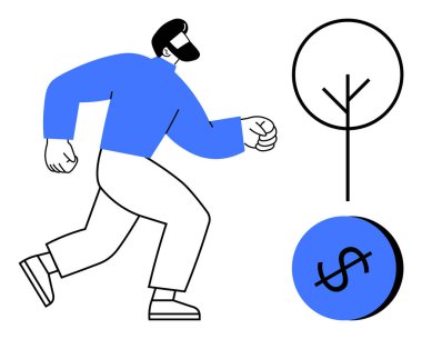 Mavi bluzlu, beyaz pantolonlu bir adam koşuyor. Yanındaki şekillendirilmiş ağaç, alttaki mavi dairede dolar işareti. Finansal büyüme, sağlıklı yaşam tarzı, iş hayatı dengesi, motivasyon, kişisel gelişim için ideal