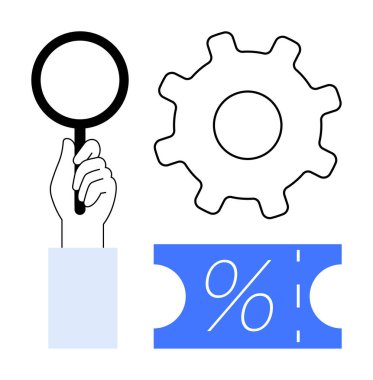 Elde büyüteç, vites ve yüzde sembollü mavi indirimli bilet. Üretkenlik, verimlilik, analiz, indirim, denetleme problem çözme ticareti için idealdir. Düz tasarım