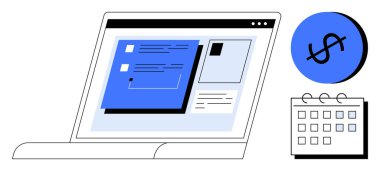 Bilgisayarı dijital finansal gösterge paneli, takvim ve dolar simgesi ile aç. Finansal yönetim, bütçe, zamanlama, teknoloji araçları, iş planlaması, üretkenlik ve dijital için ideal