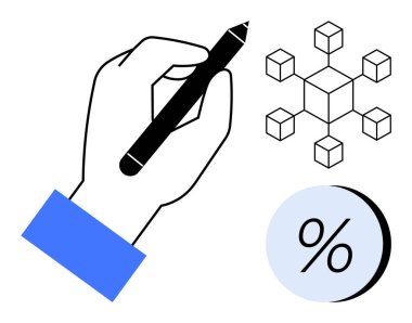 Elinizde çizim için bir kalem, mavi bir dairede yüzde sembolü ve ağa bağlı geometrik küpler var. Eğitim, tasarım, finans, teknoloji, veri analizi, mimari için ideal