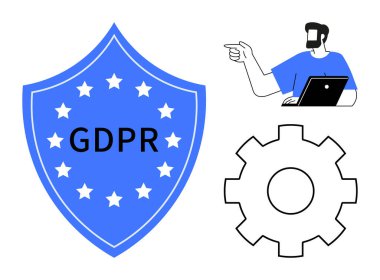 Yıldızlı GDPR kalkanı, dizüstü bilgisayar kullanırken iş adamı, ayarları temsil eden vites sembolü. Veri koruması, güvenlik, uyum, teknoloji yönetimi, gizlilik yasaları, bilişim hizmetleri için ideal