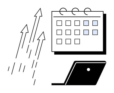 Birden fazla tarihli takvim, mavi işaretli kareler, yukarı bakan oklar ve bir dizüstü bilgisayar. Üretim, planlama, büyüme, iş başarısı, hedef belirleme zaman yönetimi ve ilerleme için ideal