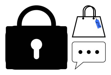 Güvenliği temsil eden büyük kilit simgesi e-ticaret anlamına gelen etiketli alışveriş çantası iletişimi sembolize eden sohbet balonu. Veri koruması, çevrimiçi alışveriş, siber güvenlik, mahremiyet ve tüketici için ideal