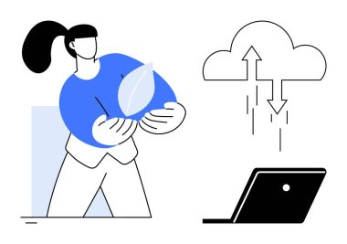 Yaprağı olan bir adam, bir dizüstü bilgisayardan veri indiriyor. Çevre, teknoloji, sürdürülebilirlik, veri yönetimi, bulut depolama, uzaktan çalışma ve yeşil teknoloji için ideal. Asgari