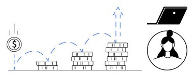 Madeni para yığınları finansal büyümeyi, teknolojiyi sembolize eden dizüstü bilgisayarı ve uzmanlığı temsil eden kişiyi simgeliyor. Mali planlama, yatırım stratejileri ve zenginlik yönetimi için ideal